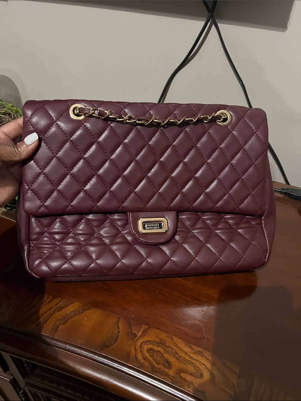Badgley Mischka Quilted Burgundy Shoulder Bag with Gold Chain